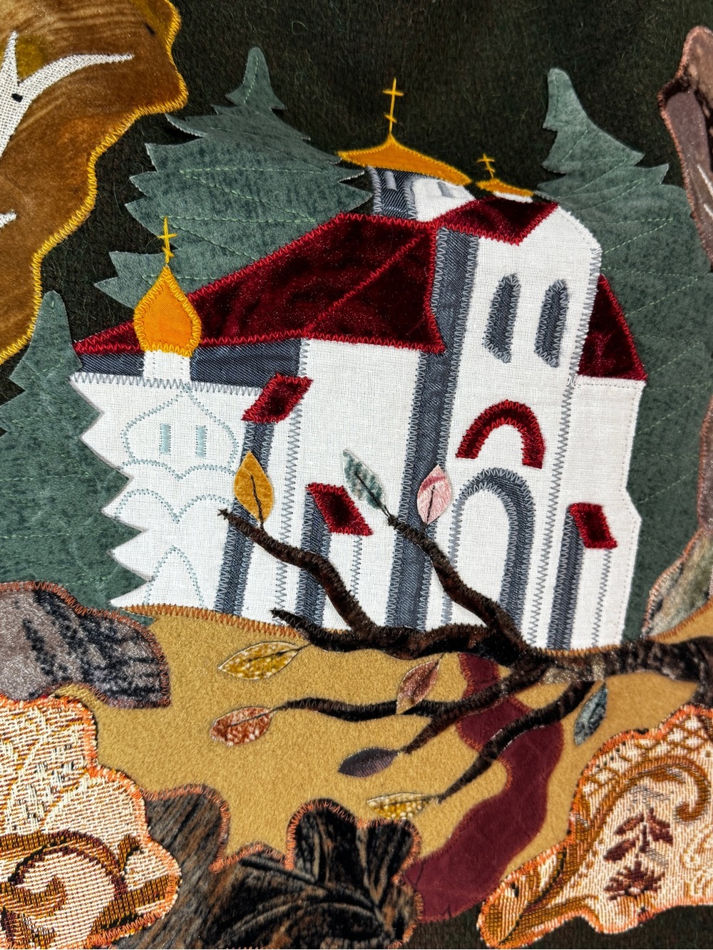 Lamp Handicraft Center Tote Bag Green Appliqué Church Fall Handwork String